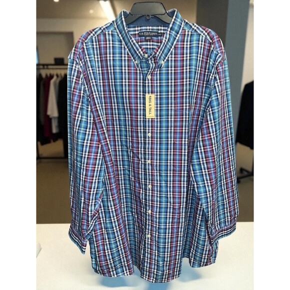 US Polo Assn. 4XLT Shirt Blue Plaid Button Down Pocket Logo Long Sleeves 4X Tall - Picture 2 of 4